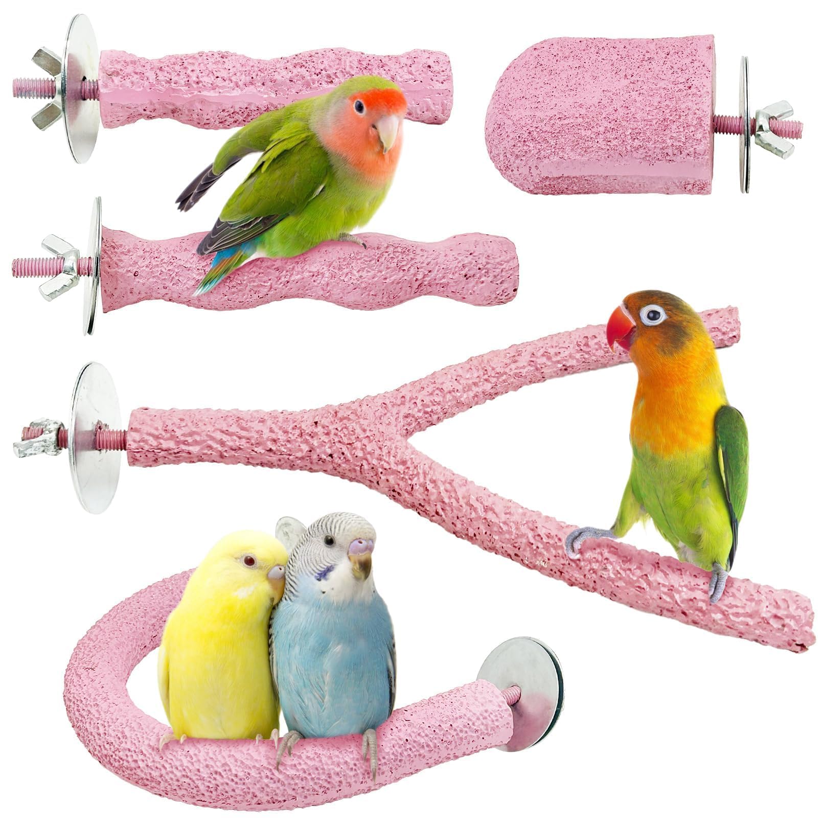PINVNBY 5 Pack Bird Perch Resin Bird Beak Grinding Stone Parrot Cage Stand Platform Foot Claws Trimmer Chew Toy Cage Accessories for Budgie Cockatiel Conure Lovebird Finch (Pink)