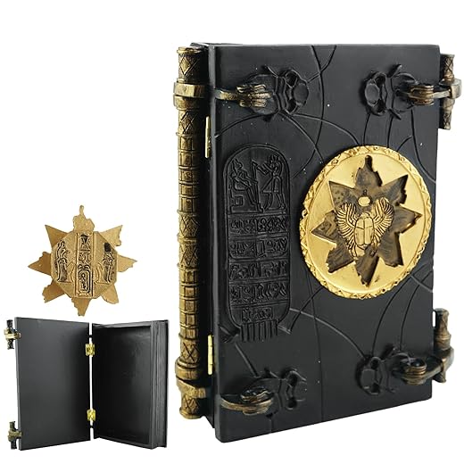 Ancient Egyptian Grimoire Book with Key & Lock – Handmade Resin Artwork, Gothic Mystery Collectible for Home Decor, Reading Nook or Miniature Library Display (Black)