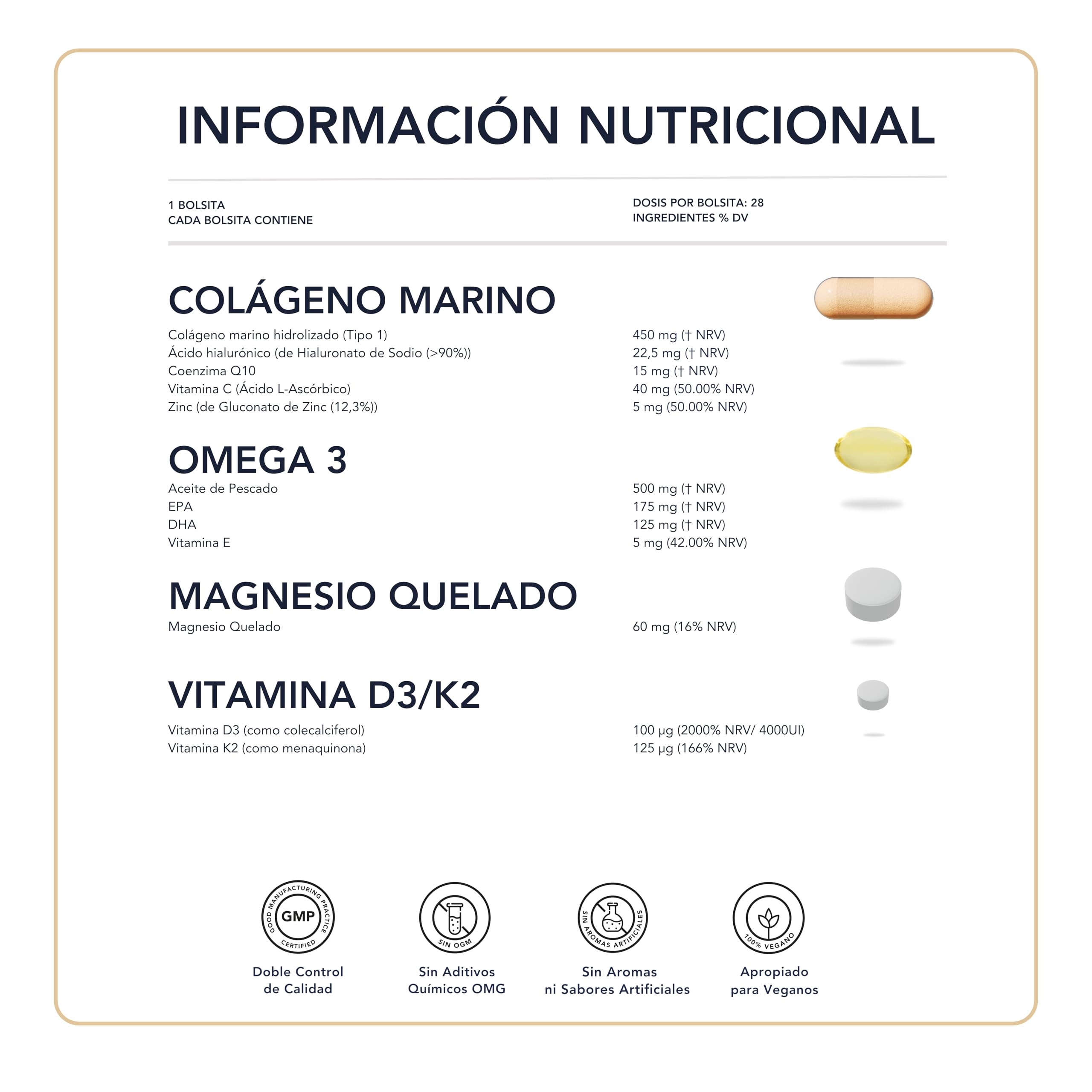 Gestión de la Longevidad | Vitamina D3 y K2 4000 UI + Magnesio Omega 3 Colágeno - Sin OMG | Poderosa sinergia de vitaminas y minerales l 28 Dosis Diarios