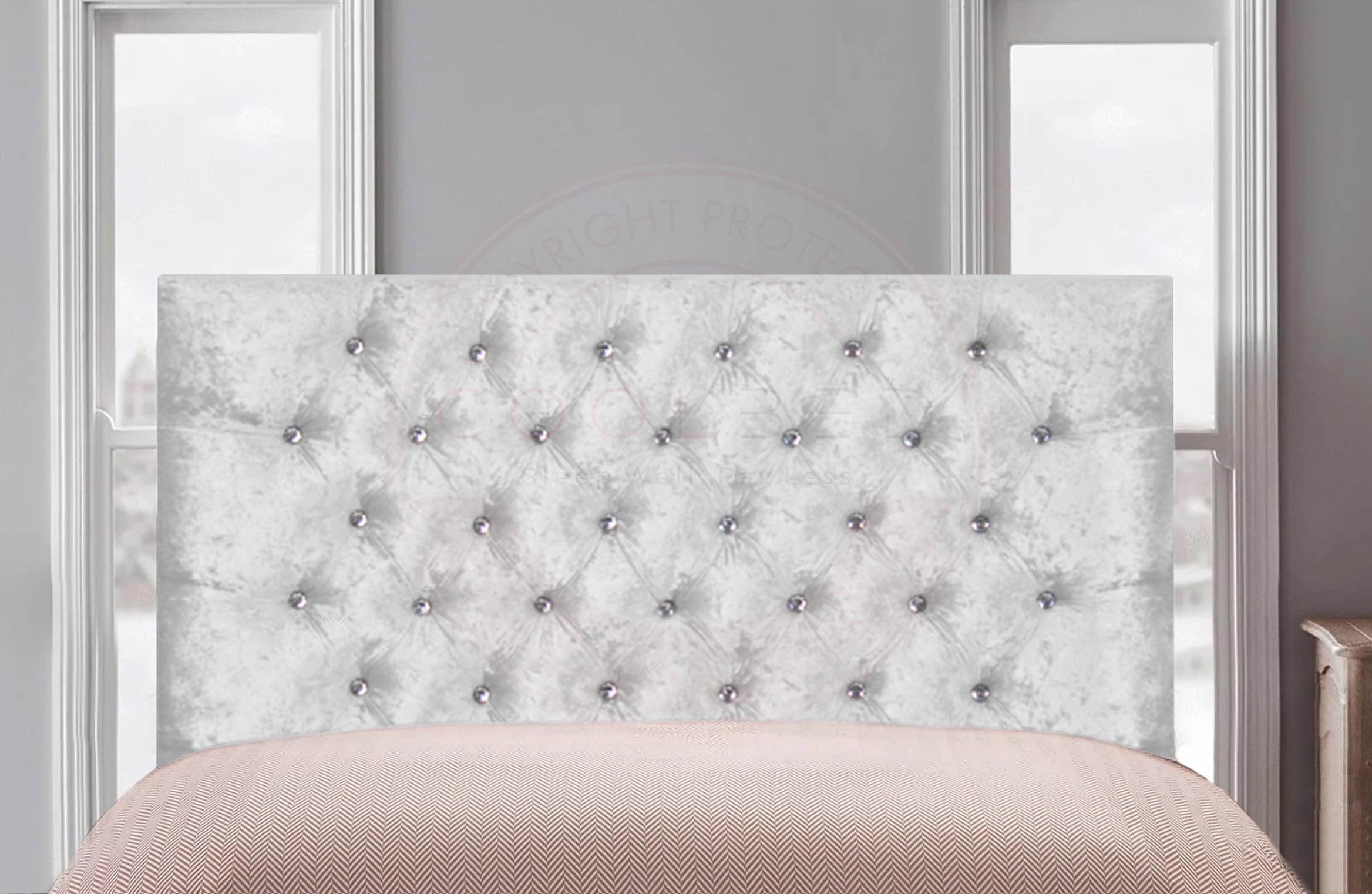 COOL BED Sleep Well, Pay Less CHESTERFIELD 20 INCH HEADBOARD IN CRUSHED VELVET EXTRA TALL (WHITE, 4FT - SMALL DOUBLE)