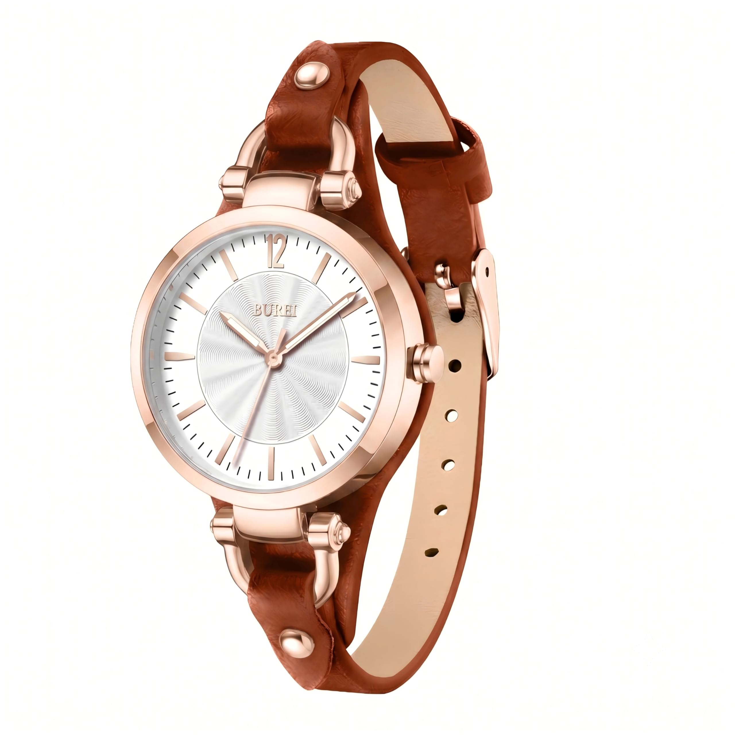 BUREI Orologio da donna semplice con cinturino in pelle, analogico, al quarzo, piccolo, sottile, orologio da polso con cinturino, regalo per donne (oro rosa marrone)