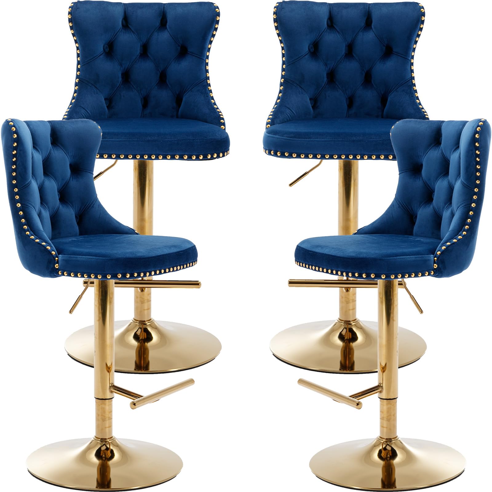 Swivel Counter Height Bar Stools Set of 4, Navy Kitchen Island Barstools, Velvet Adjustable Bar Height Stool Chairs, Tufted Back, Gold Metal Base,