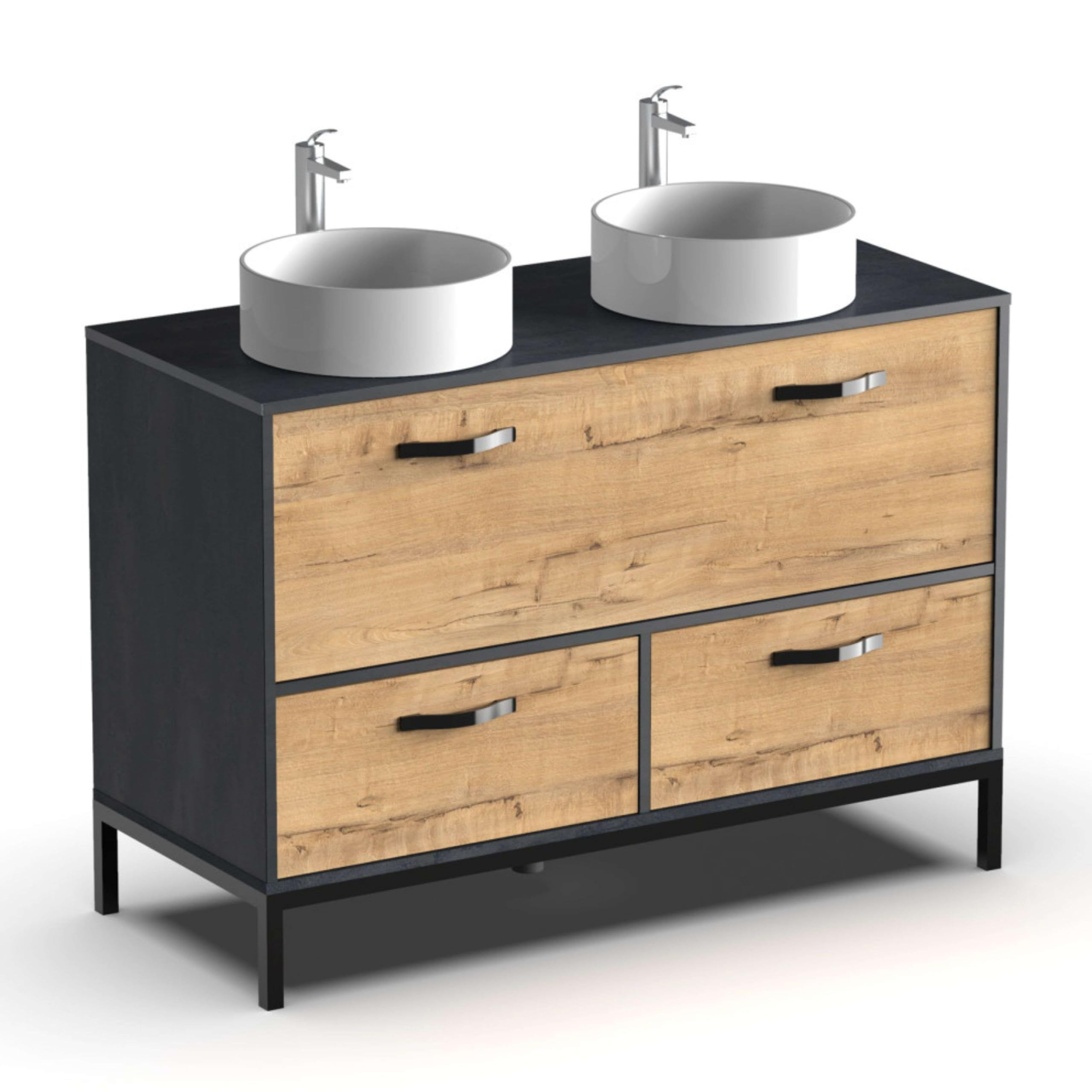 Muebles Pitarch | Mobile da bagno doppio, larghezza 120cm, industriale, Nero e Rovere Gold, con struttura a piedi, 2 cassetti e 1 porta, per lavabi da appoggio, modello Sena