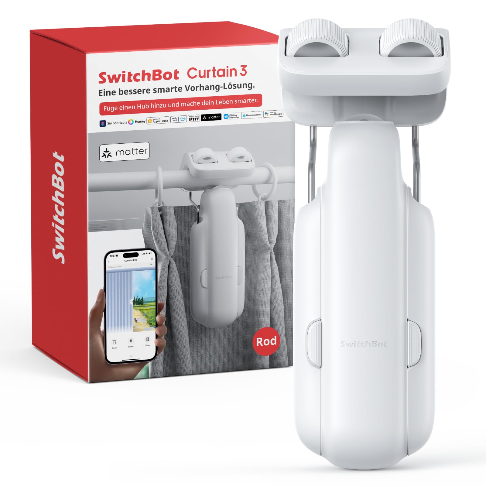 SwitchBot Smart Automatischer Vorhangöffner - Bluetooth Fernbedienung mit App/Timer, Aufgerüsteter Hochleistungsmotor, Kompatibel mit Matter/HomeKit (SwitchBot Hub 2 erforderlich) (Curtain 3, Rod)