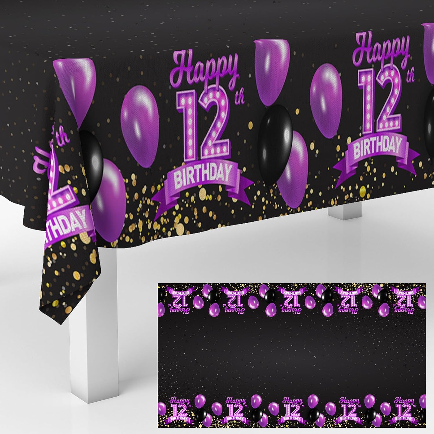12nd Birthday Tablecloth Purple & Black 12 Years Birthday Party Photography Supplies Decor Men Women for Indoor Outdoor Party Supplies Rectangle Table Cover Picnic Decorations Glitter