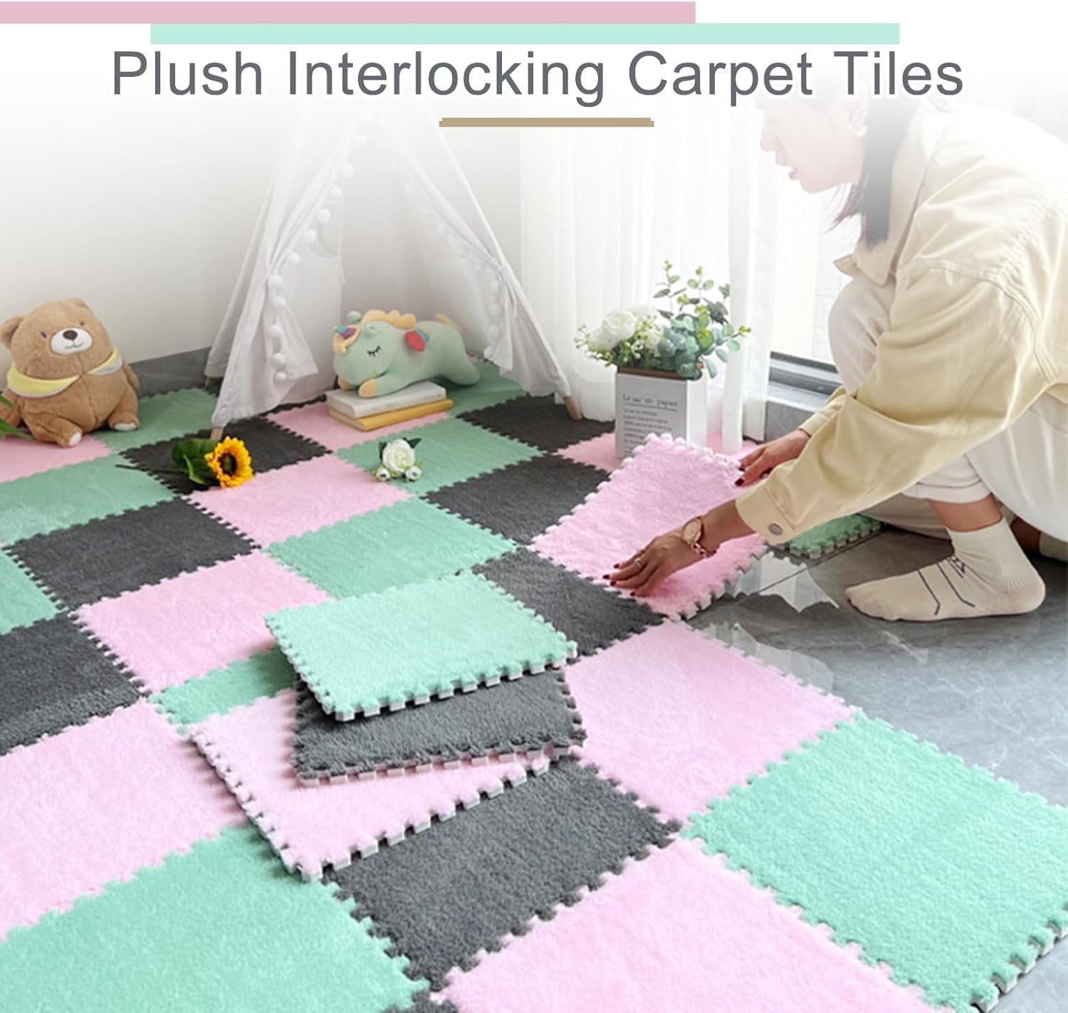 12 miękkich dywaników piankowych, podłoga przeplatana, kwadratowe dywany, patchwork, czerwona róża