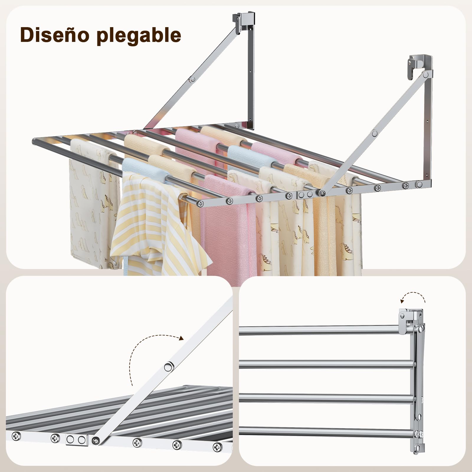 Innotic Séchoir à Linge Mural Pliable de 80 cm - Résistant à la Rouille - avec 8 Barres - Grand Espace - Peu encombrant - pour l'extérieur, la Salle de Bain, Le Balcon, la buanderie - Argenté