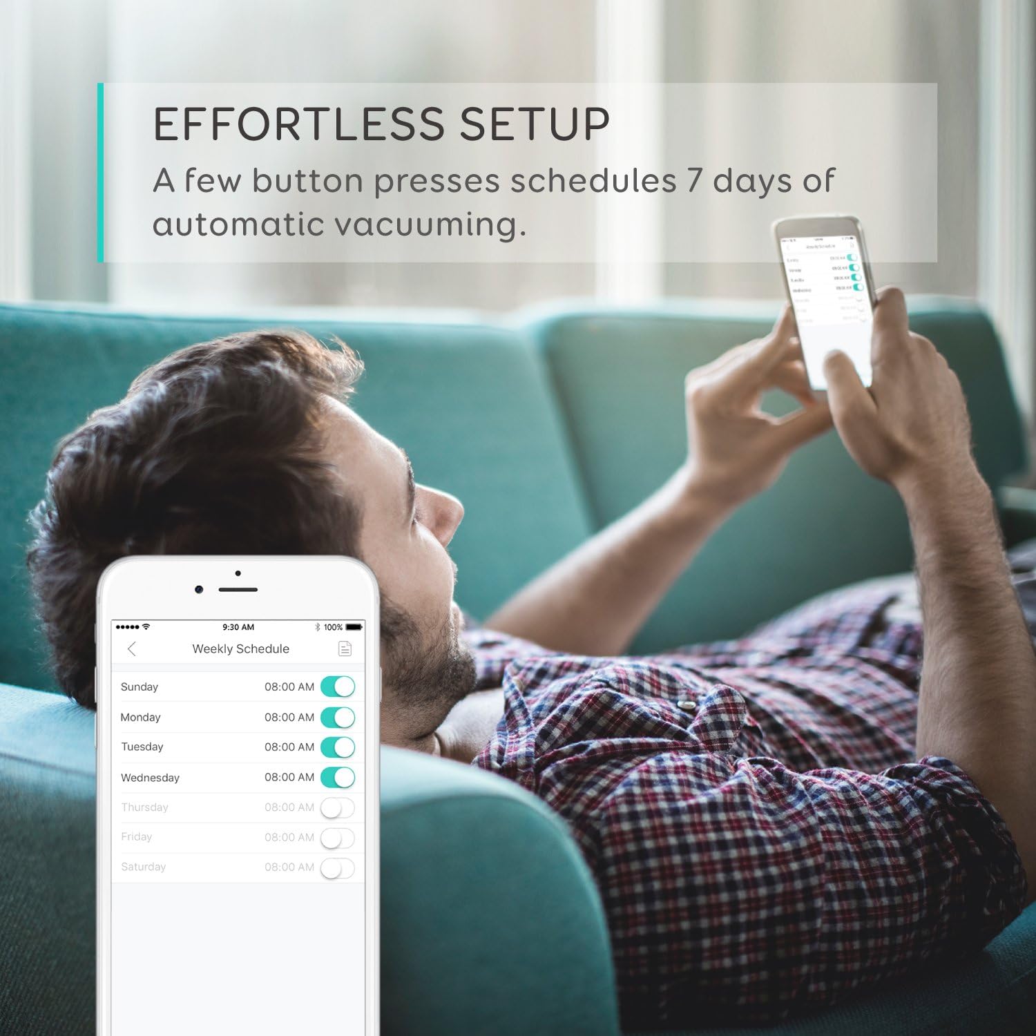 Smartphone displaying EufyHome app with RoboVac controls and weekly schedule