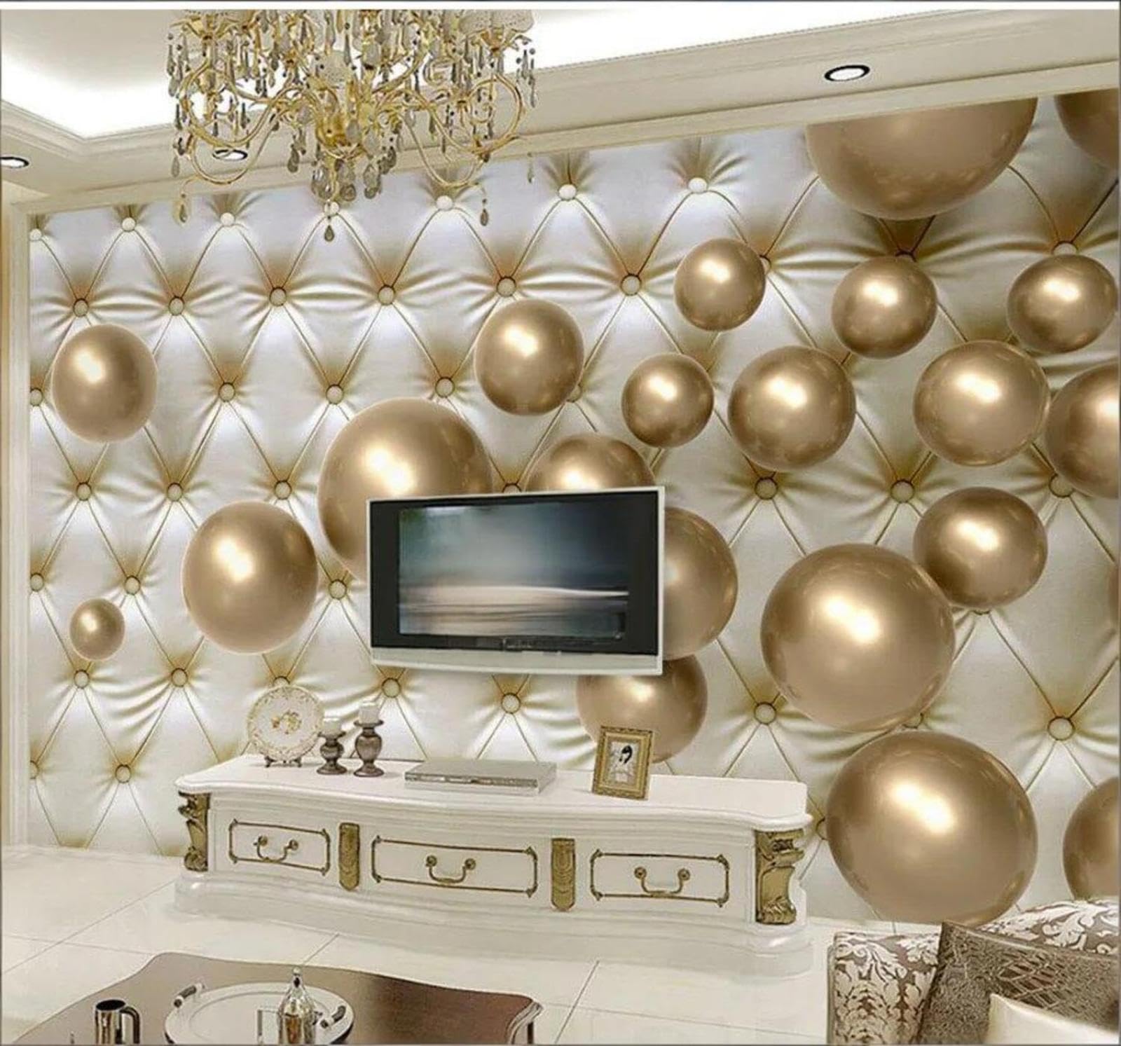 Wallpaper-3D-Xlm 250Cm×170Cm(B×H) Three Dimensional Luxurious Upholstered Golden Spheres 3D Wallpaper Easy Install Feature Office Living Room Sofa Bedroom Tv Background Wall Decoration-250Cm×170Cm