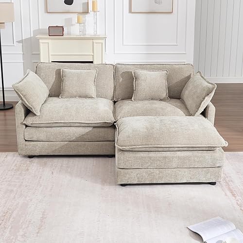 Modular Sectional Sofa with Ottoman, 76.7" Modern L Shaped Sectionals Cloud Couch, Comfy Couch Loveseat, 3 Seat Chenille Deep Seat Sofa with Pillow for Living Room,Bedroom Apartment,Small Spaces-Camel