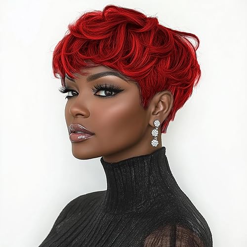 Peluca roja de corte Pixie para mujeres negras con flequillo pelucas cortas para mujeres negras (rojo)