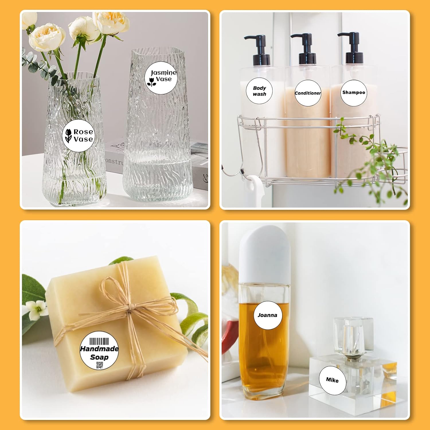 Examples of Marklife circle labels used on vases, bottles, soap, and perfume