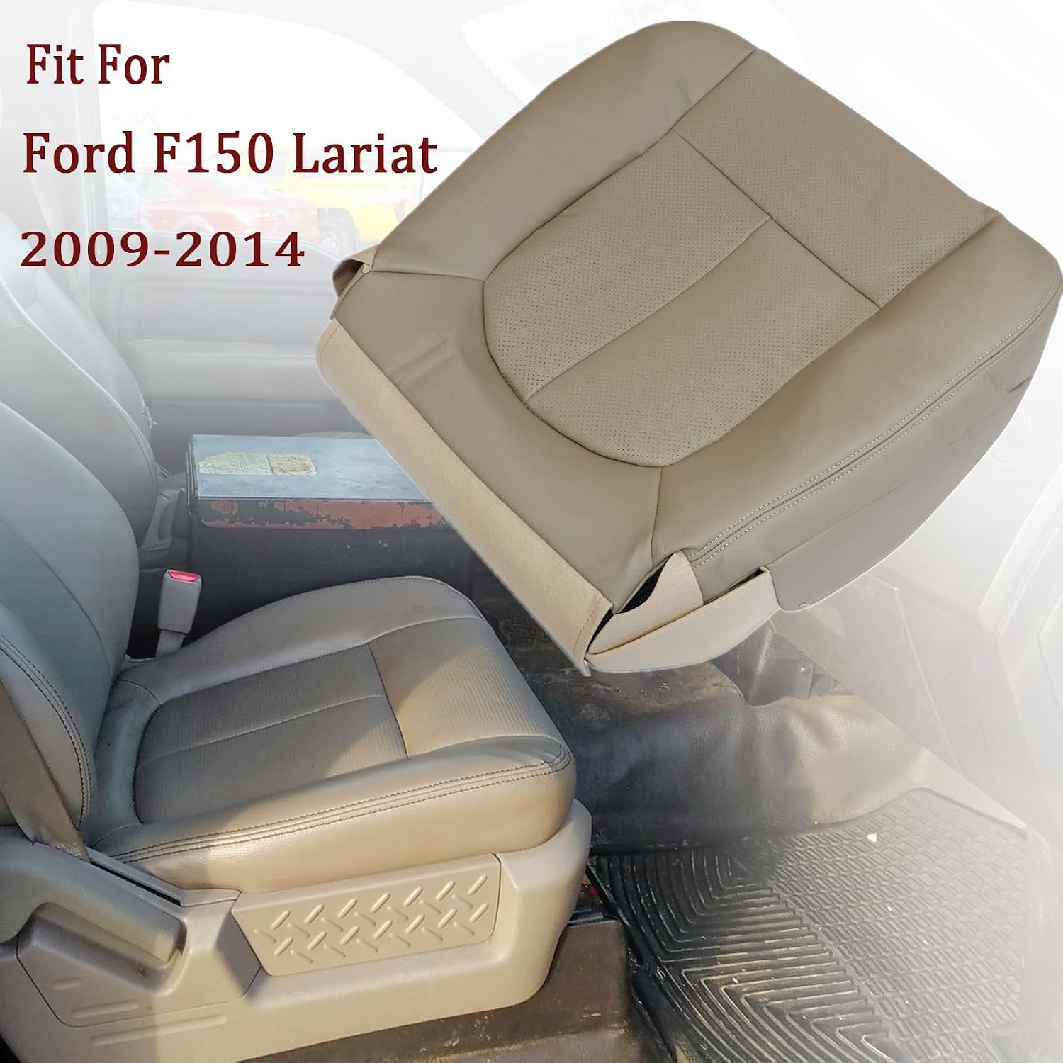 Priprilod Perforated Leather Tan Driver & Passenger Side Bottom Replacement Seat Cover Compatible with Ford F150 Lariat 2009 2010 2011 2012 2013 2014