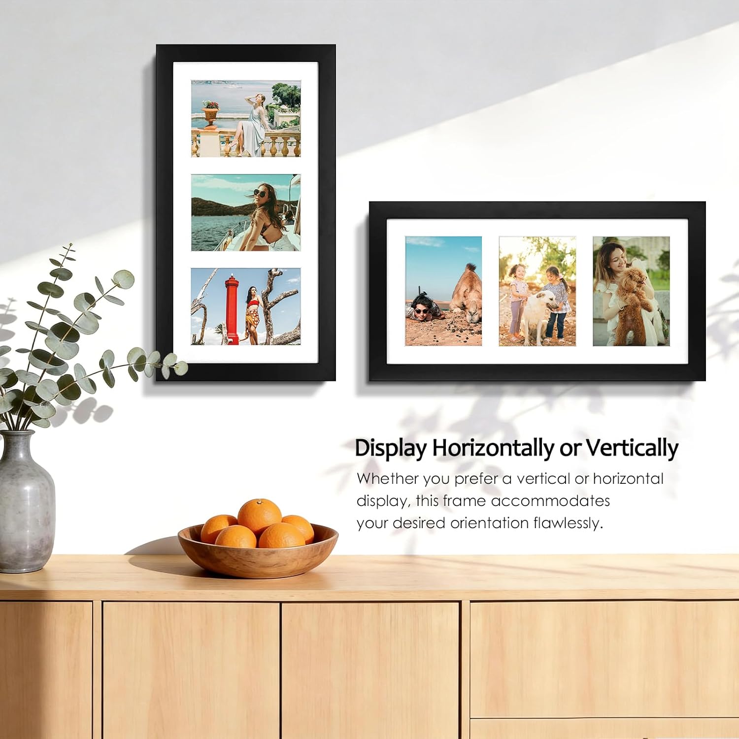 Golden State Art, Set of 3, 9x18 Black Wood Frame - White Mat for Three 5x7 Pictures - Sawtooth Hangers- Swivel Tabs - Wall Mounting - Landscape/Portrait - Real Glass - Collage Frame