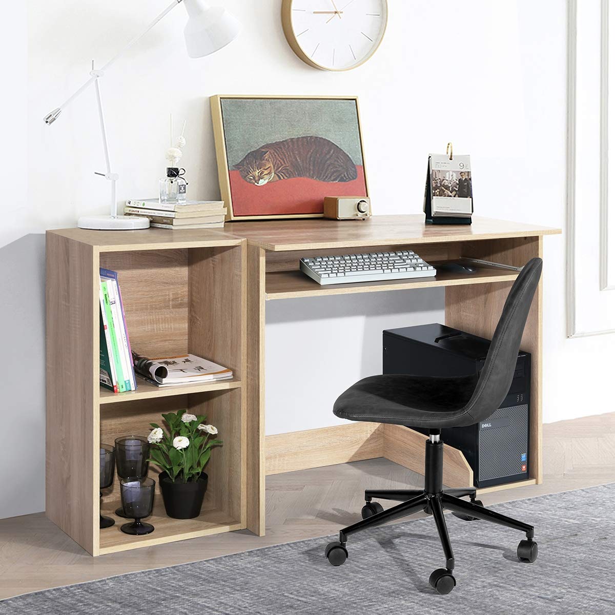 CozyCasa Small Computer Desk, 35.4IN PC Gaming Desk Modern Study Writing Table with Keyboard Tray & Storage Bookshelf, Space-Saving Computer Workstation for Home Office, Beech