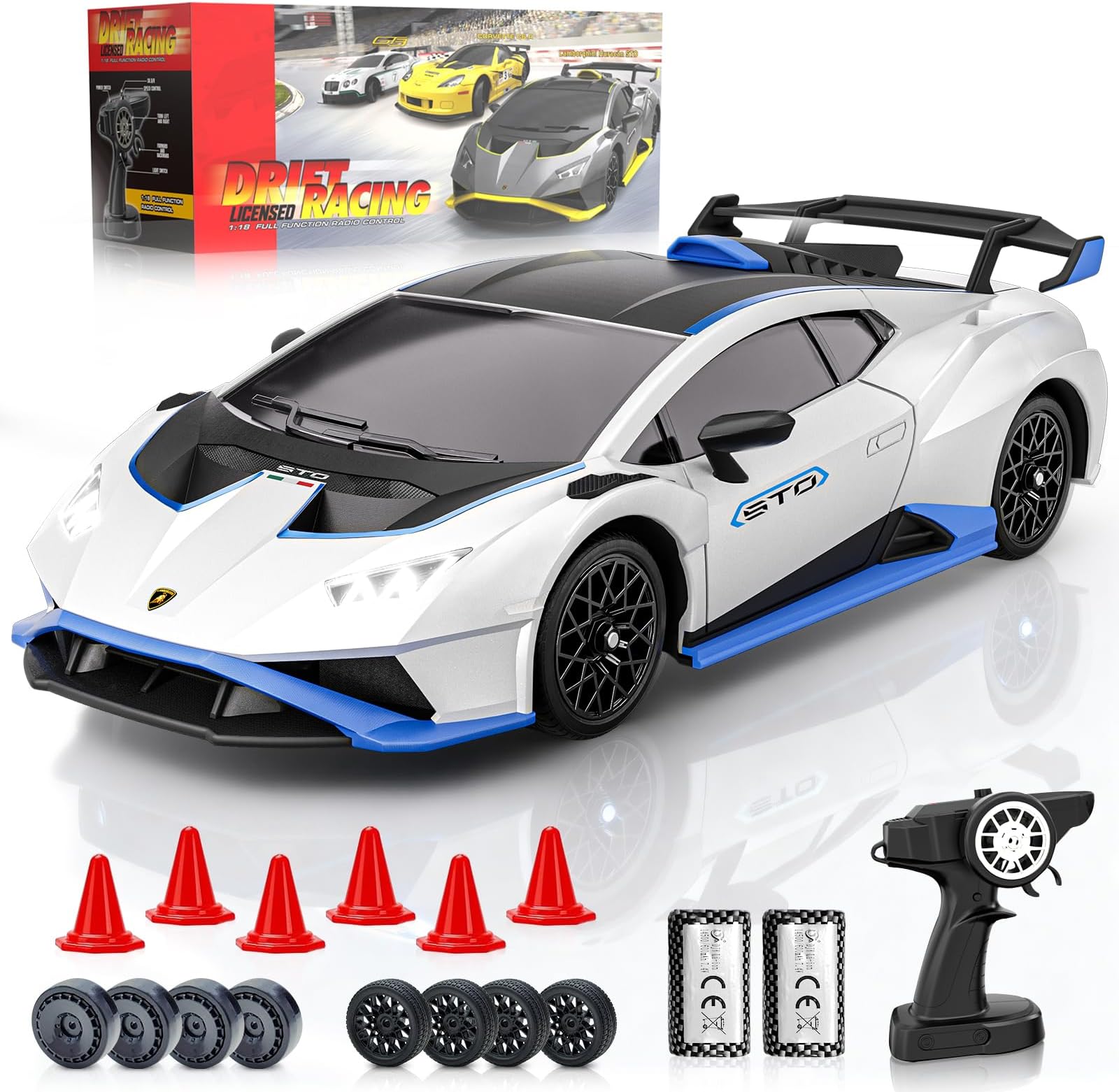 Lamborghini Remote Control Car, 1:18 Scale Officially Licensed Lamboghini Toy Car, Cool RC Cars Toys for 4 5 6 7 8 9 10 11 12 Year Old Boys Kids Adults Gifts, 15km/h Fast RC Drift Car (White)