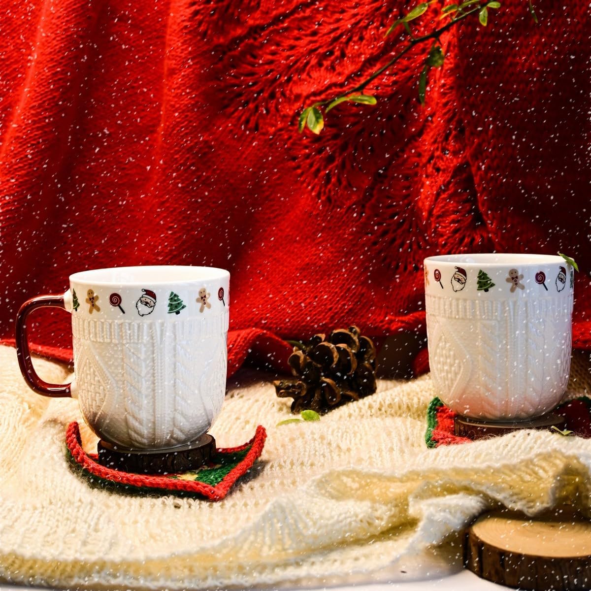 LOTUS YARNS Christmas Mug Set with Cable Knit Design, White Ceramic Cups with Red Handles and Holiday Icons, 2 Pack