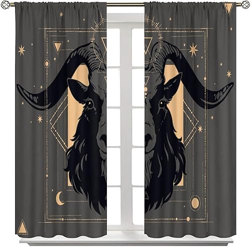 Vista 28 de Cortinas de cabeza de cabra, misteriosa cabeza de cabra malvada, calavera negra, bolsillo para barra, cortinas opacas para ventana, juego de 2