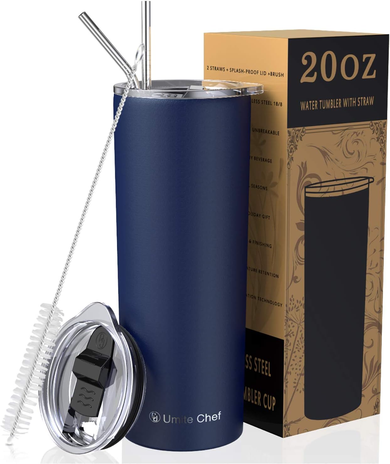 Umite Chef Straw Tumbler Skinny Travel Tumbler with Lid, Vacuum Insulated 20oz Coffee Mug, Double Wall Stainless Coffee Cup for Travel, Indoor and Outdoor（Navy Blue）