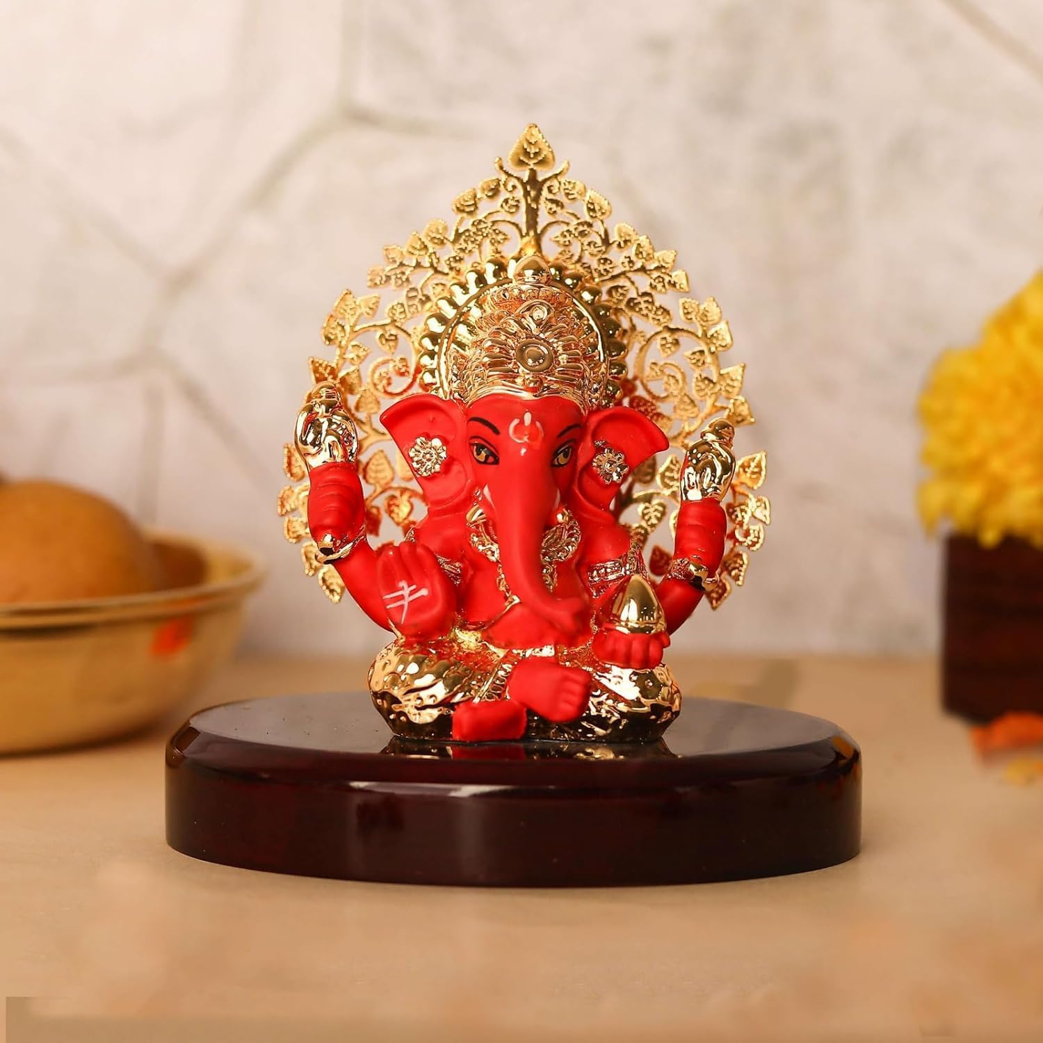 24k Gold Plated Kalpavrikshya Tree Ganesh Idol Ganpati Murti for Car Dashboard, Office Desk, Hindu God Gift & Home Decor - Resin (Red) - 3 Inches
