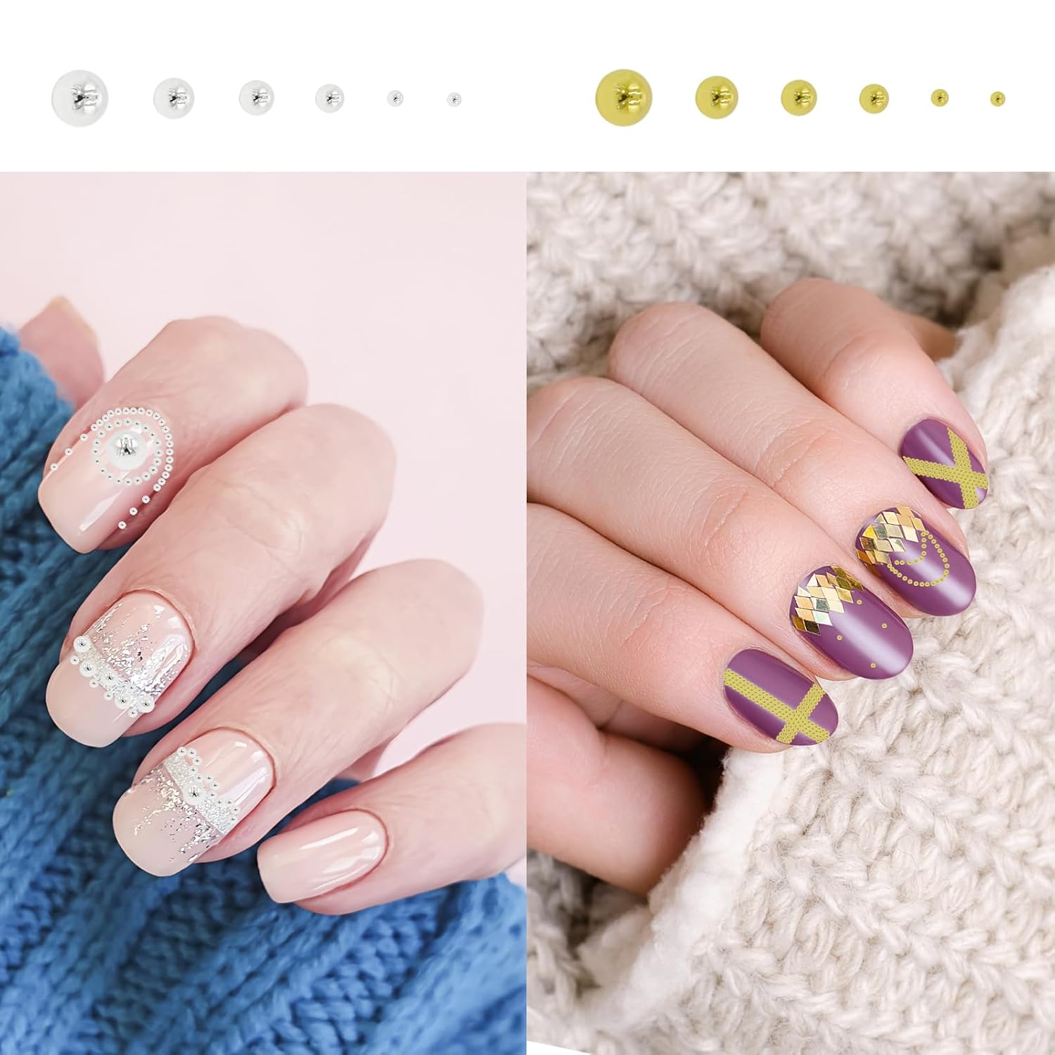 Mixed Sizes Nail Art Studs, Nail Art Caviar Beads, Rivets Jewelry for Nail DIY Manicure Jewel Accessories (Silver&Gold)