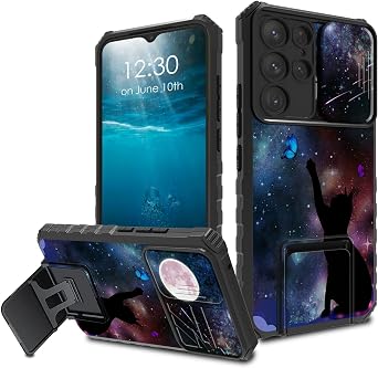 for Samsung Galaxy S24 Ultra Case with Sliding Camera Cover & Kickstand Slim Dual Layer Hard PC Soft TPU Protection Phone Case for Galaxy S24 Ultra 6.8 inch 2024 - Cat and Butterflies Moon