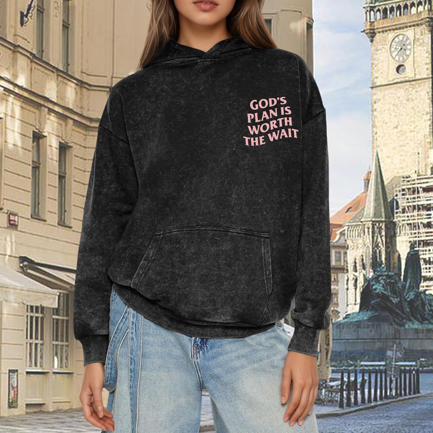 Christian Graphic Hoodies for Women God Bible Verse Oversized Hoodie Religious Letter Print Acid Wash Sweatshirts - Image 5