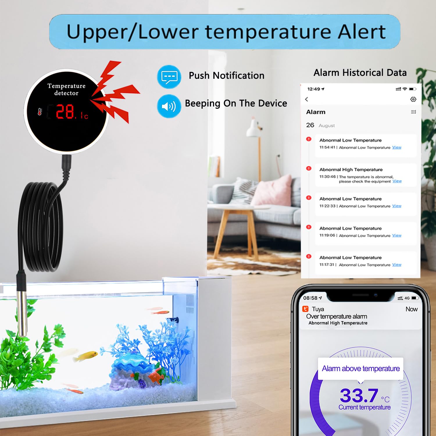 WiFi Thermometer Smart Temperature Sensor: Wireless Temperature Monitor with Waterproof External Probe, App Alerts and Buzzer Alarm, Digital Temperature Gauge for Refrigerator, Freezer, Fish Tank