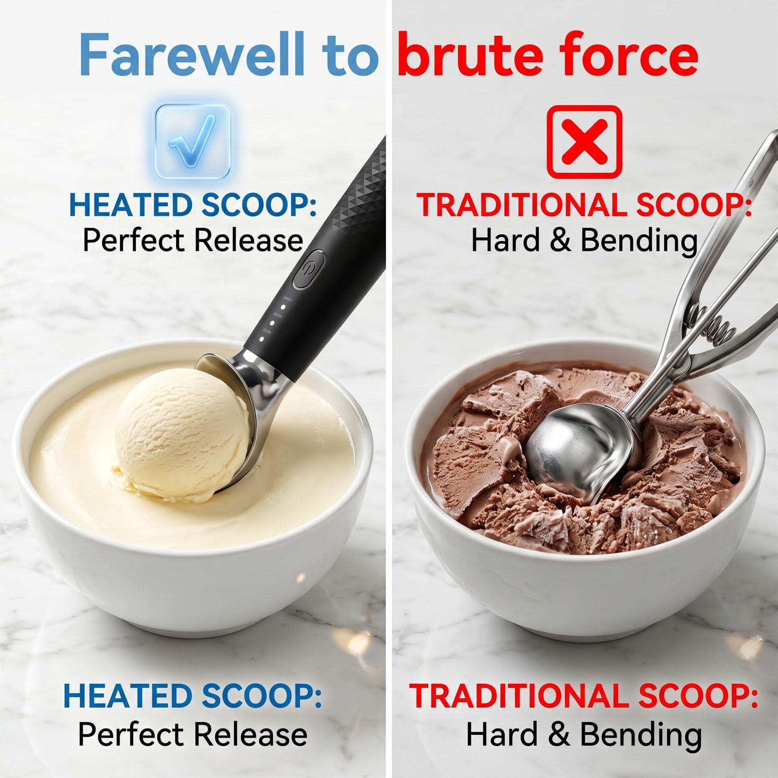 cuillère à Glace chauffante, portionneur de crème glacée en Acier Inoxydable, Moule à Boules de Glace, cuillère portionneur, cuillère à Glace, Rechargeable Type-C avec 3 Niveaux