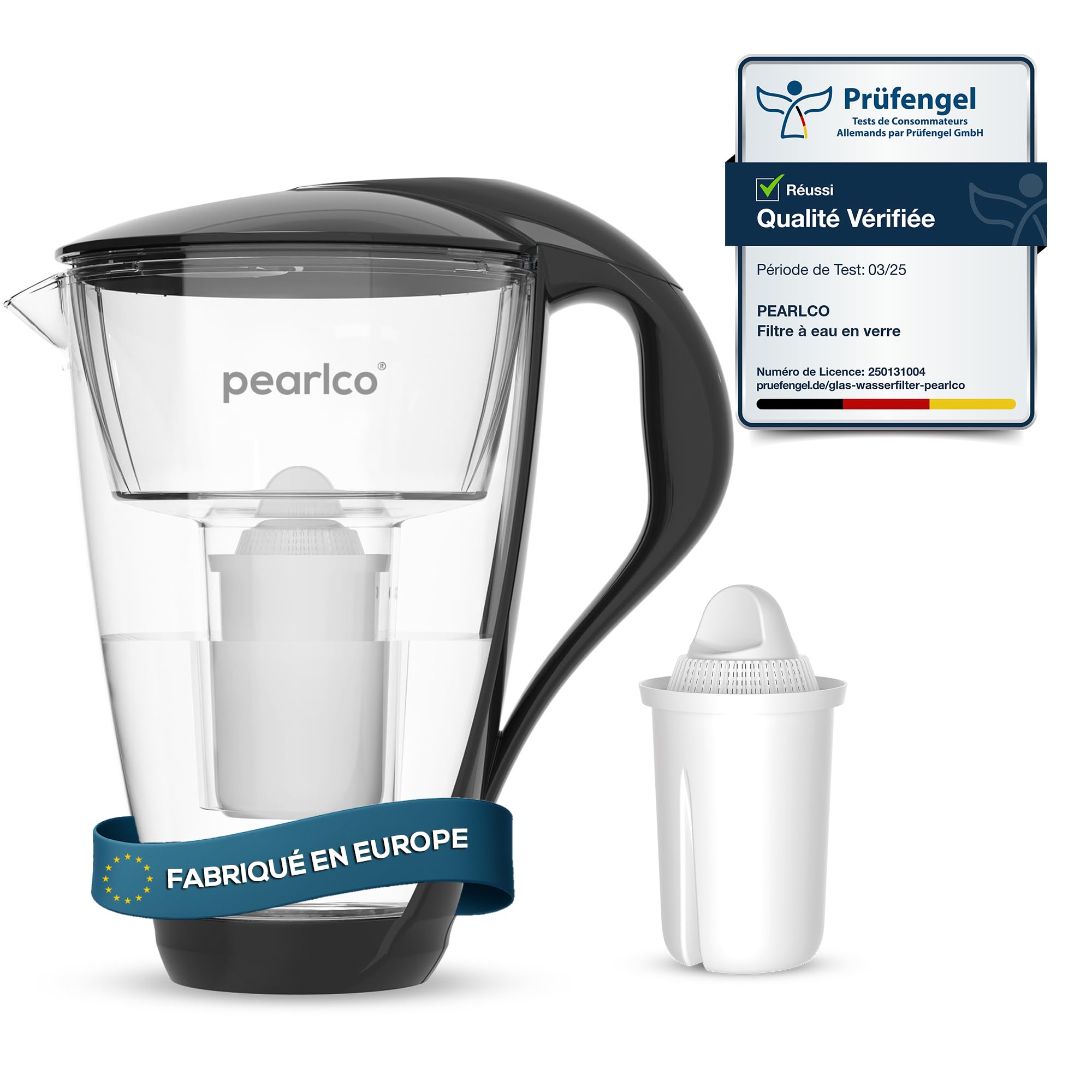 PearlCo - Carafe avec filtre à eau en verre - noir - 1 cartouche Universal classic incluse (compatible avec Brita Classic)