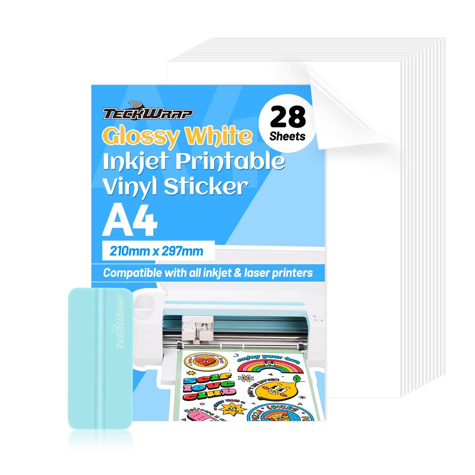 TECKWRAP Printable Vinyl Sticker Paper for Inkjet Printer Glossy White Inkjet Printable Sticker Paper Waterproof 8.26" x 11.69" A4 Size 28Pcs/Pack for Craft Sticker, Scrapbooking, Craft Cutters