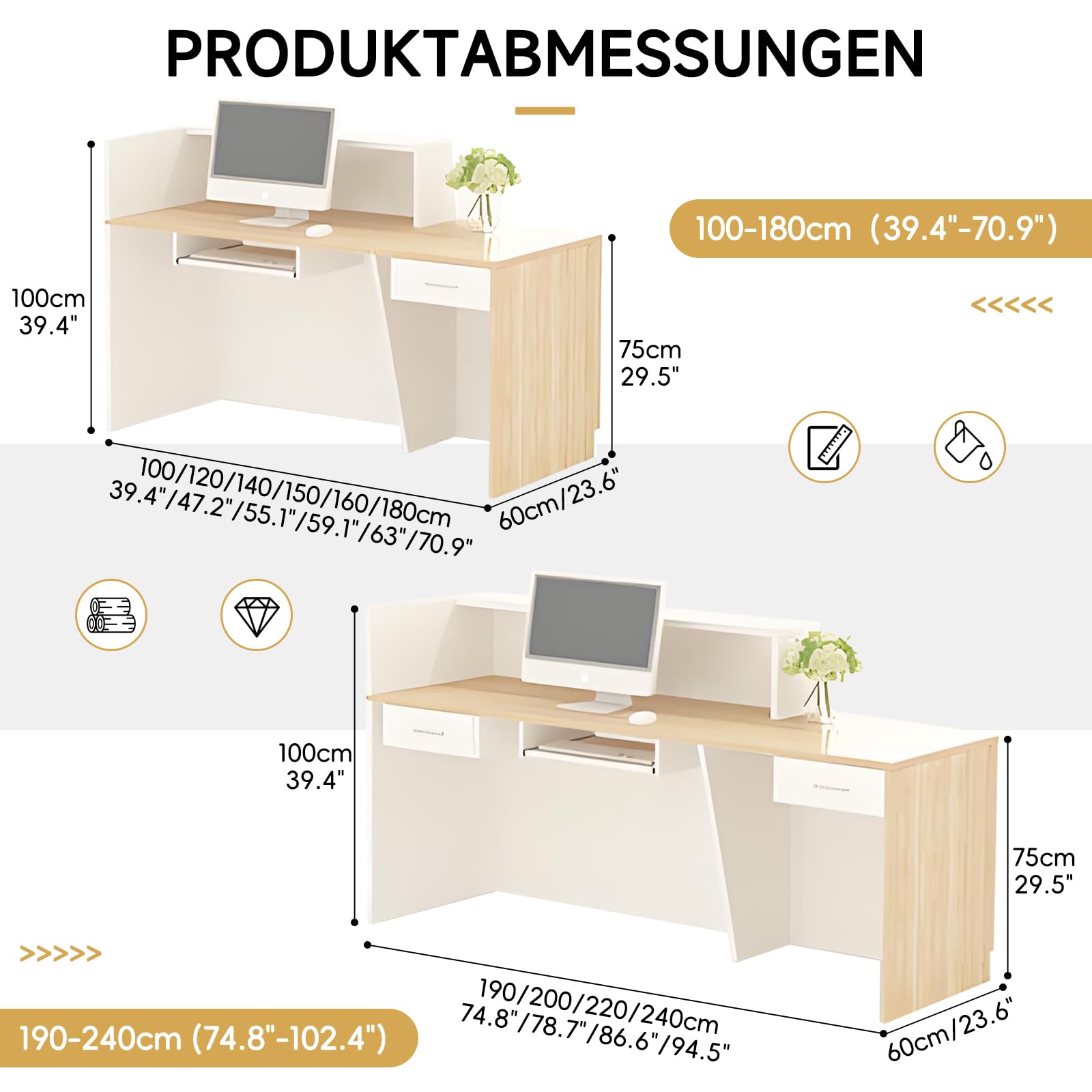 Empfangstheke mit Schublade und offenen Ablagen, Moderne Rezeptionstheke 100–240 cm für Büro, Geschäft, Friseursalon