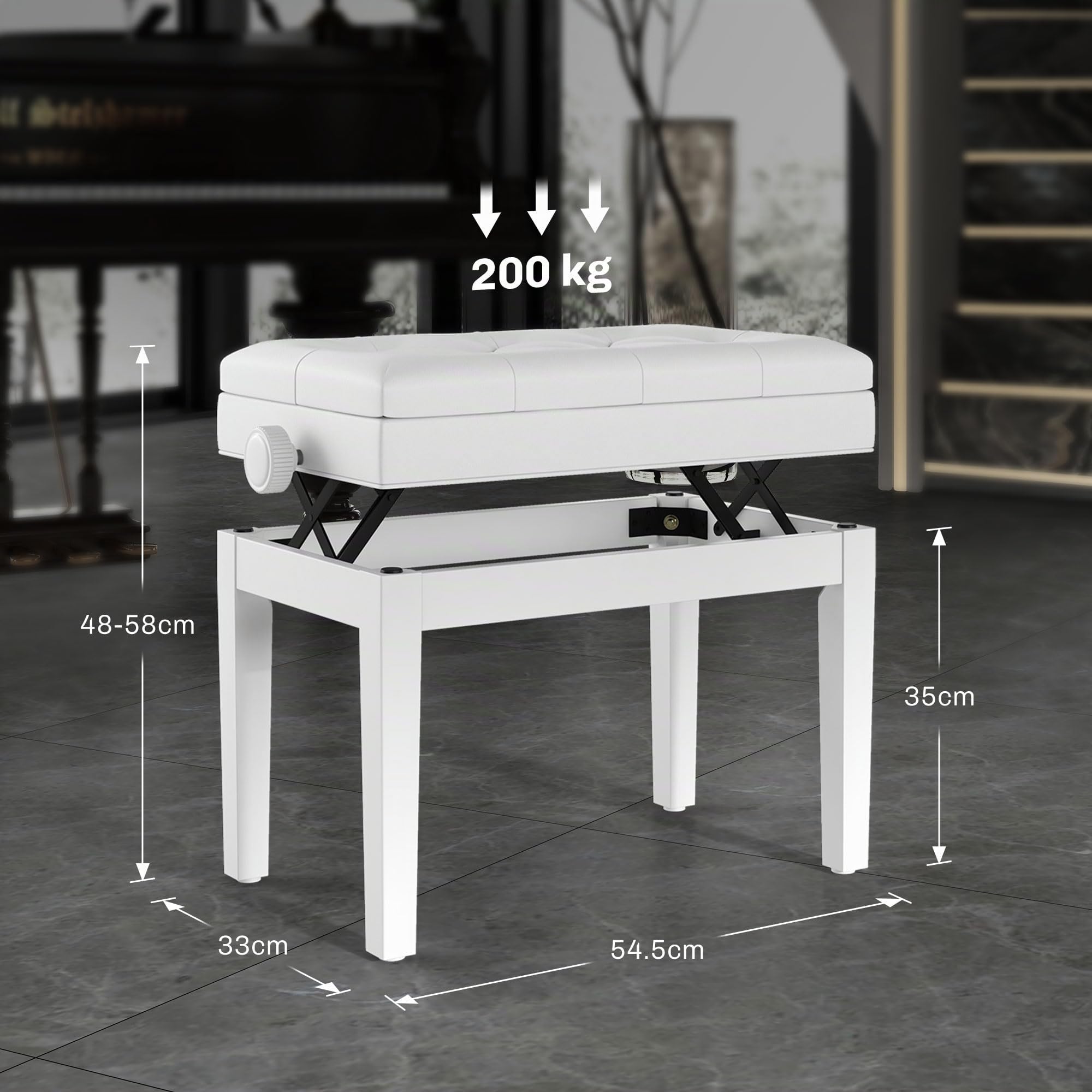 HOMCOM Sgabello Pianoforte con Altezza Regolabile 48-58 cm 200 kg Bianco | Panca Pianoforte, Vano Contenitore, Seduta Imbottita, Pelle PU, Gambe Legno di Caucciù, per Tastiera, per Pianola