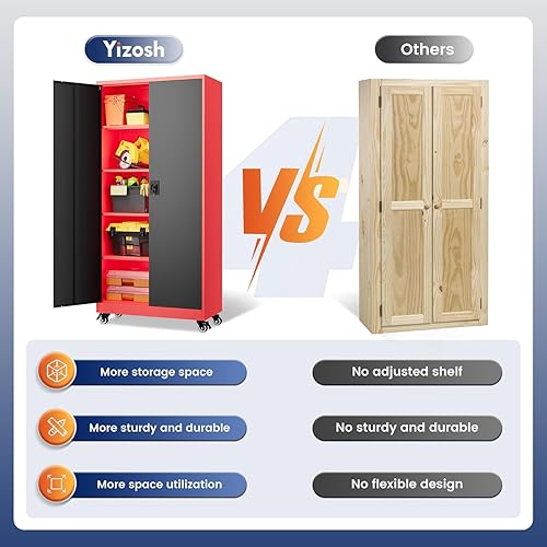Miniatura 98 de Yizosh Armario de almacenamiento de metal para garaje con 2 puertas y 5 estantes ajustables, gabinete de archivo de acero con cerradura de 71 Negro