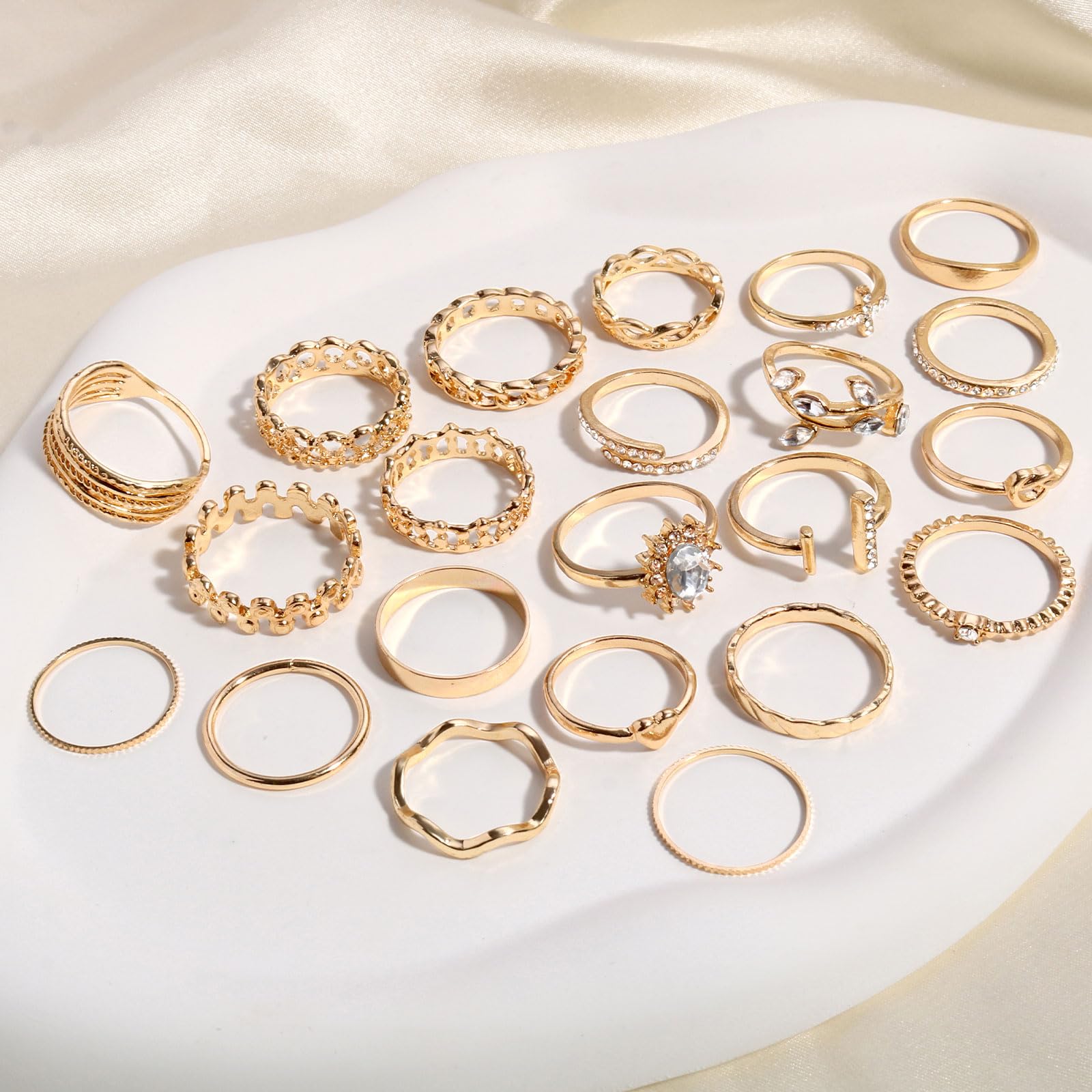 Juego de anillos dorados para nudillos para mujer, paquete de anillos de oro ajustables, tamaño mixto, apilables, juego de anillos apilables de cristal tallado hueco, Cristal, Cristal 6