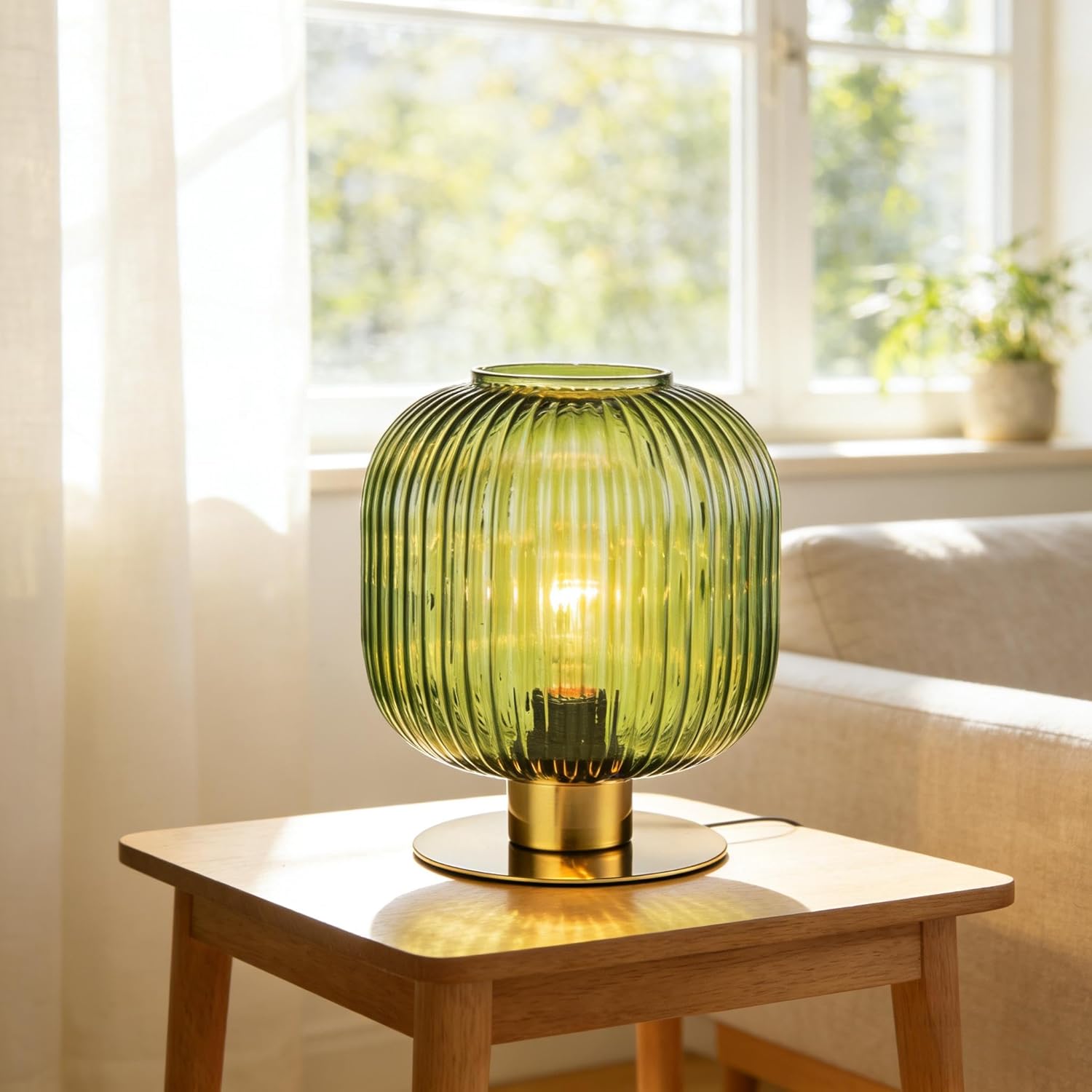 NKU Vintage Green Glass Table Lamp, Mid Century Ribbed Glass Desk Light with Green Shade, Decorative Accent Lamp for Bedroom Bedside Living Room Office Bookshelf