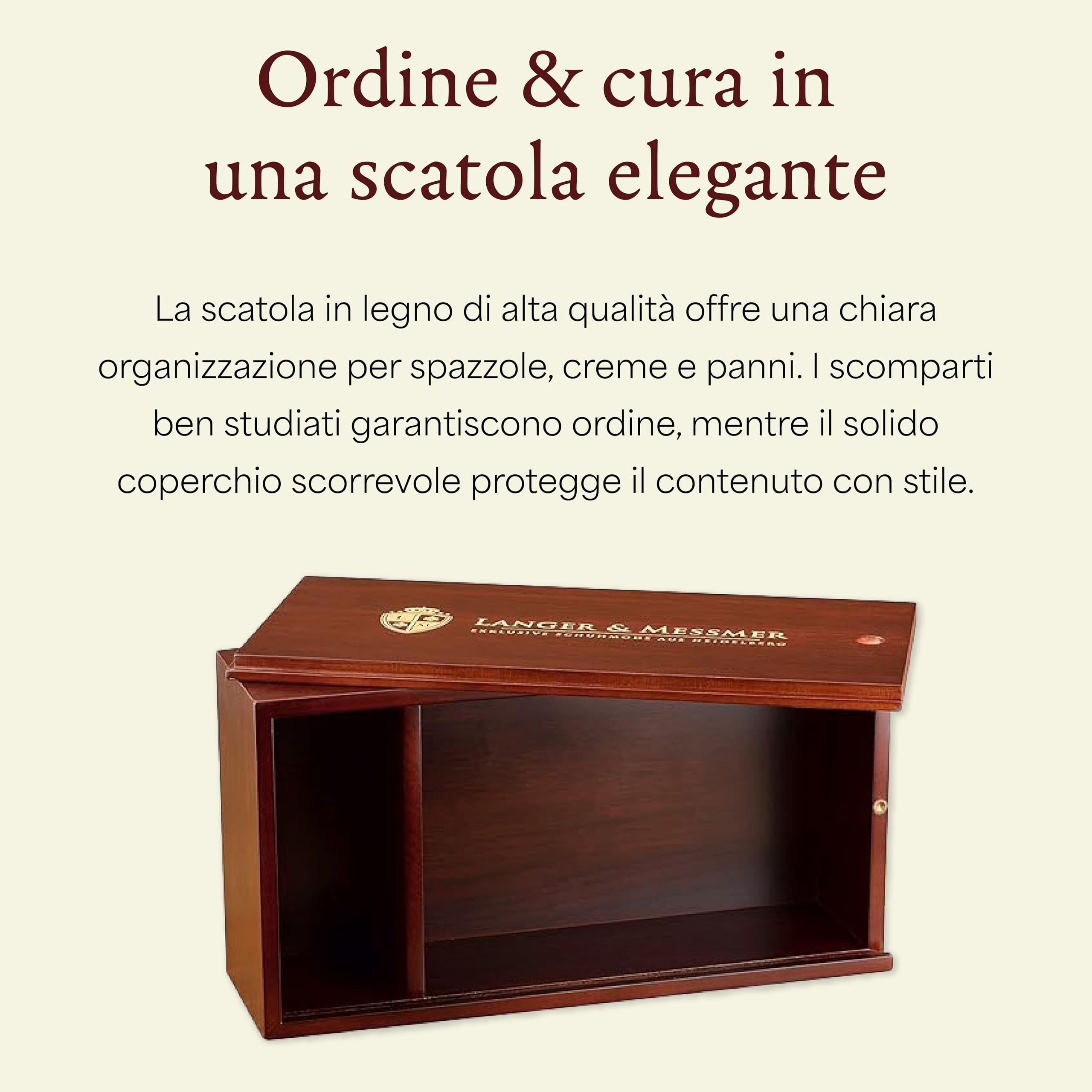 Langer & Messmer Scatola per lustrascarpe di alta qualità senza contenuto o con set di cura in più parti - scatola per lustrascarpe in legno con creme per la cura della pelle modello Mannheim