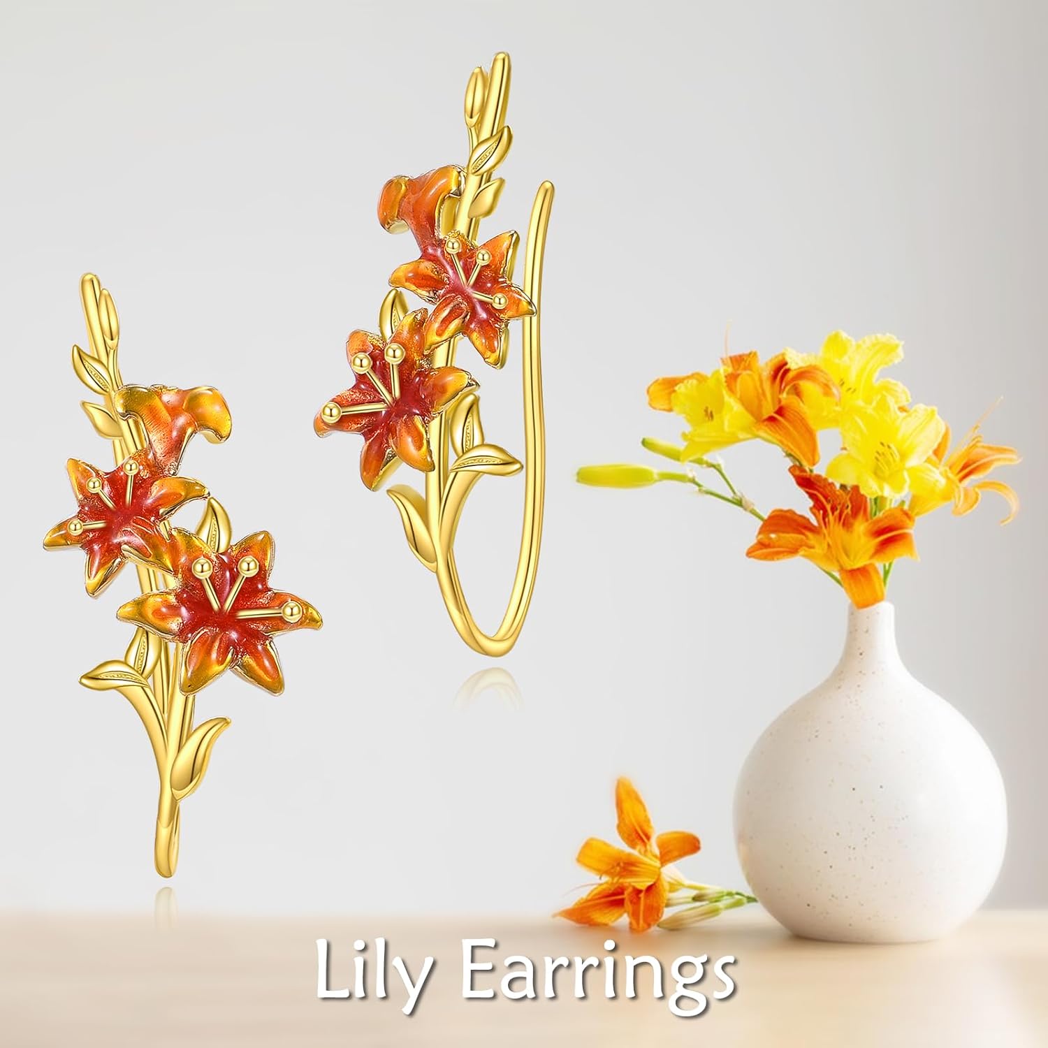 URONE Lily Earrings 925 Sterling Silver Lily Climbers Earrings Lily Crawler Earrings Jewelry Gifts for Women - Image 6