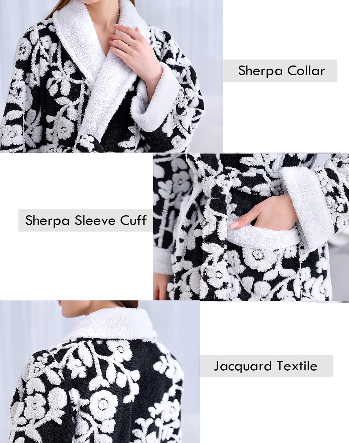 Women's Sherpa Fleece Chenille Robes Long Warm Plush Luxury Bathrobe Fuzzy Thicken Housecoat Jacquard Pattern - Image 5