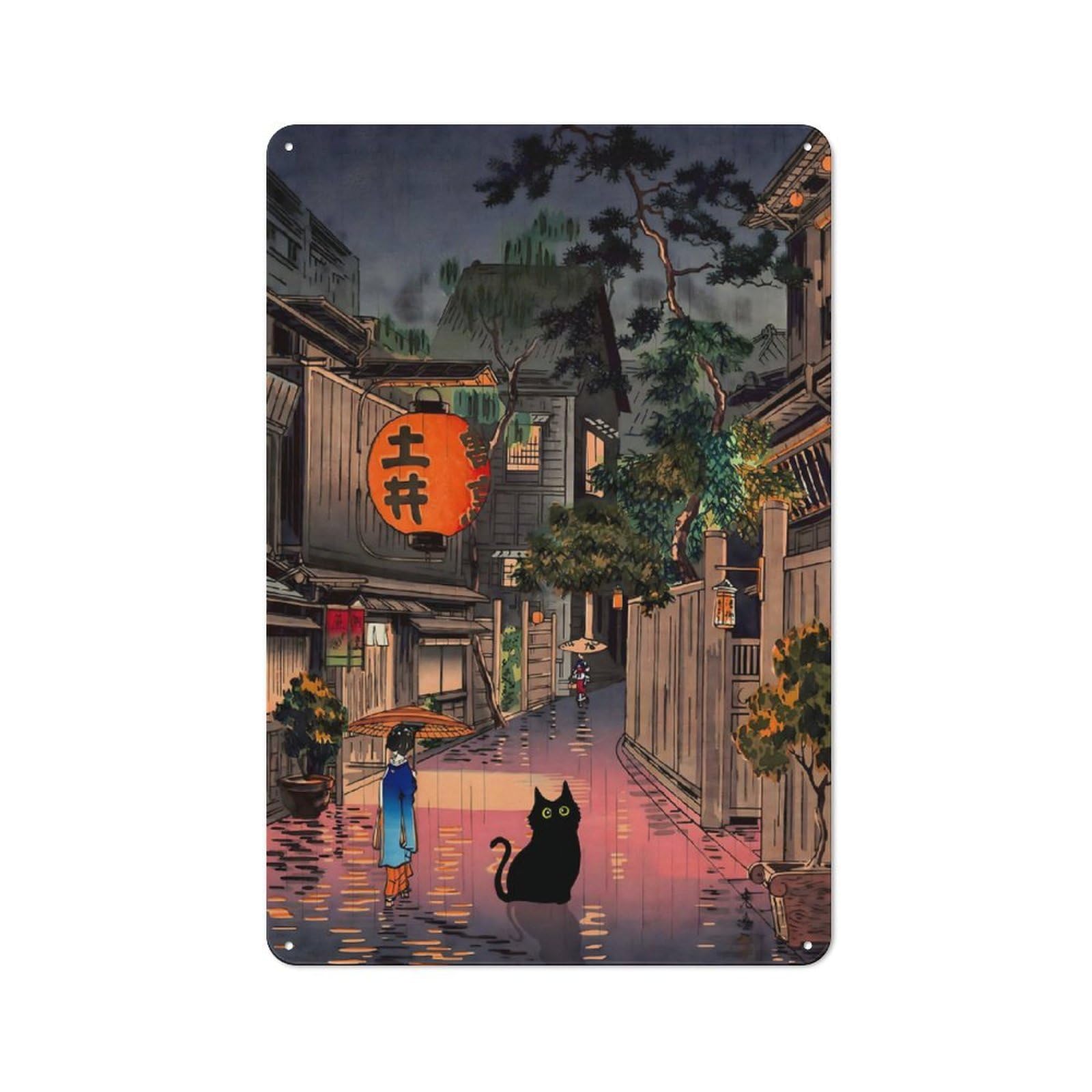 Junmoney Style-16 Vintage Metal Sign 30X20cm Featuring Cat At Tokyo Rainy Night For Pub Or Café, Wall Decor For People Reorganising Pub And Café