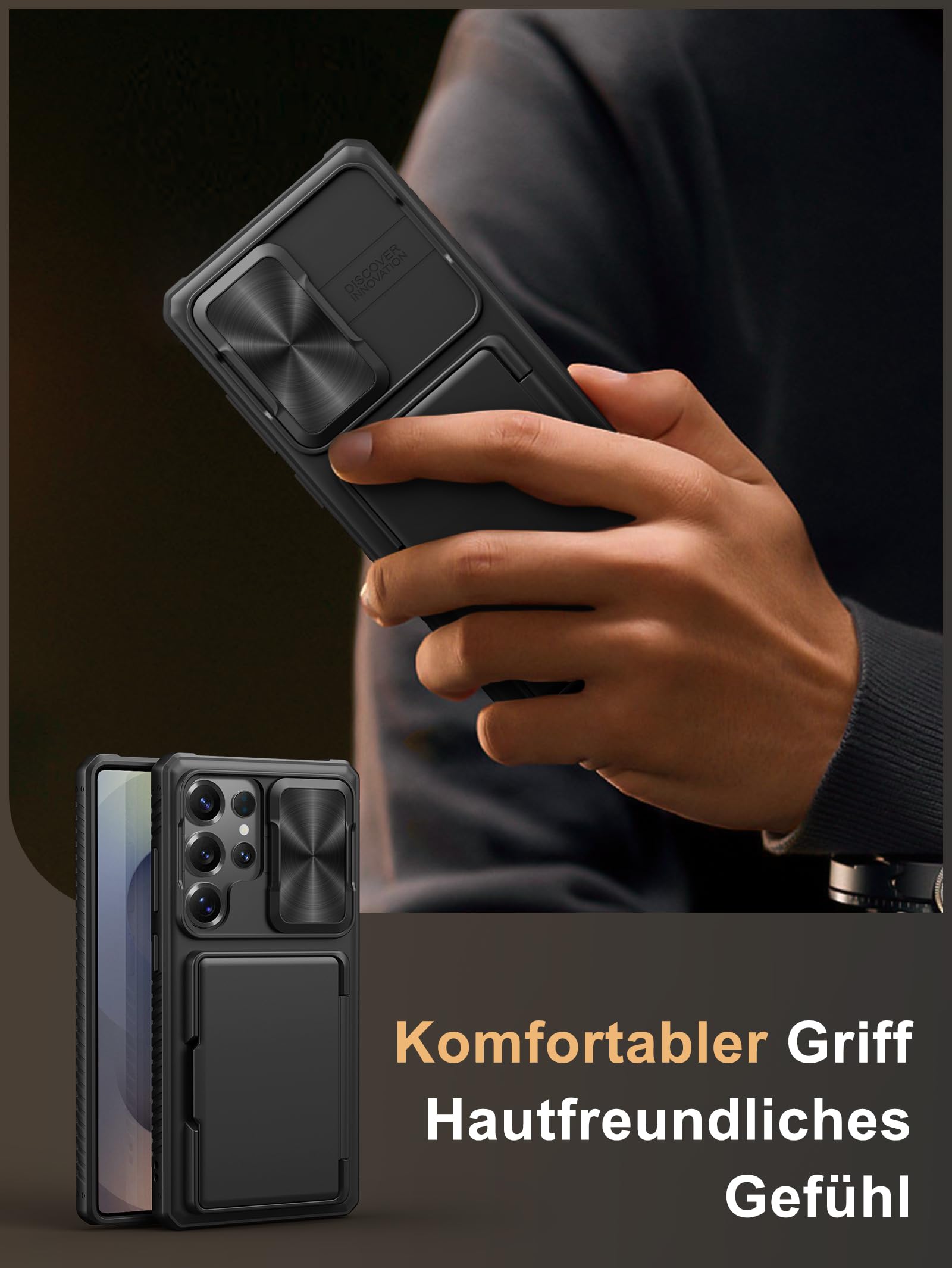 Vihibii für Samsung Galaxy S25 Ultra Hülle mit Kartenhalter (4 Karten) [RFID Blocker] & Kameraschutz Schieber, Militärschutz Stoßfeste Kratzfest Robuste Schutzhülle für Samsung S25 Ultra 6,9", Schwarz