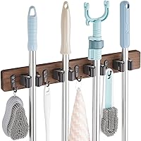 OUTNILI Rustic Wood Mop Broom Holder Wall Mount - 4 Slots 4 Hooks Organizer for Garage Laundry Kitchen Closet Storage