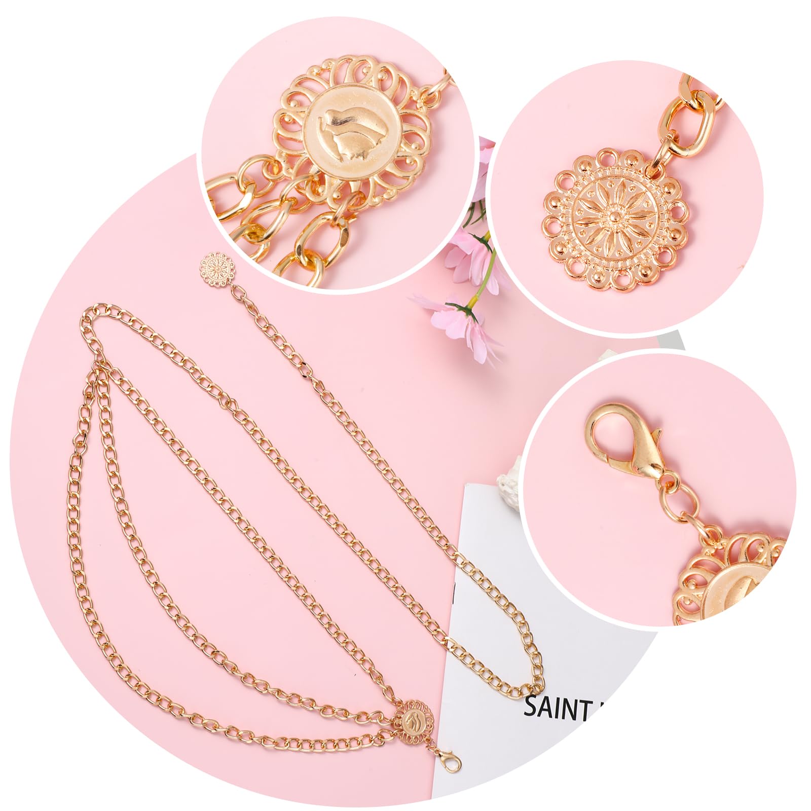 JIEYAO Cinturón de cadena de metal multicapa para mujer, cinturón de metal para vestidos, cadena de vientre ajustable, cinturón largo para pantalones vaqueros