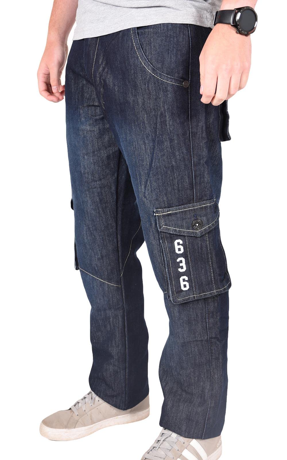 True Face Men's Black Wash Jeans Cargo Combat Denim Regular Fit Trouser Casual Multipocket Bottoms Zip Fly Pants Large
