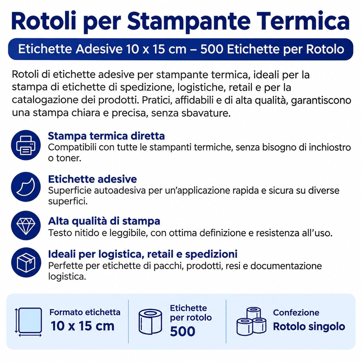 Etichette adesive termiche mis. 100x150 mm con anima da 25 mm - 10 Rotoli da 500 etichette