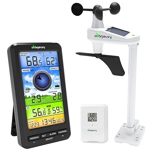 Urageuxy Anemómetro inalámbrico WiFi para estación meteorológica con velocidad/dirección del viento solar, termómetro e higrómetro para interiores y