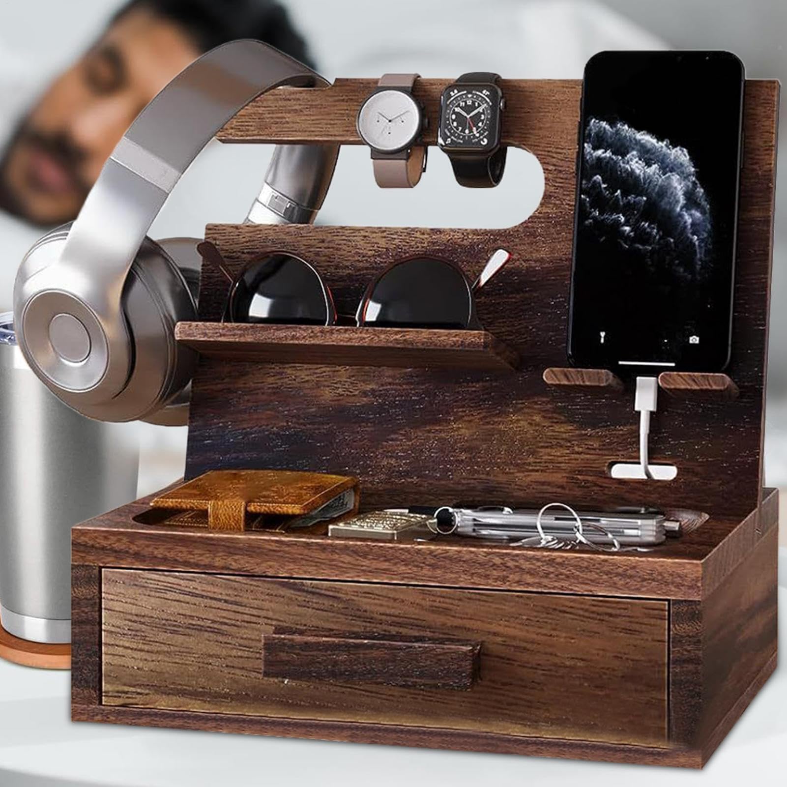Organizer per comodino, cassetto portaoggetti, design compatto, facile da montare, slot di ricarica, design funzionale, organizer da scrivania per portachiavi, portafoglio, orologio | Stazione Di Ricarica Telefono In Legno Con Cassetto Vassoio Svuotatasch