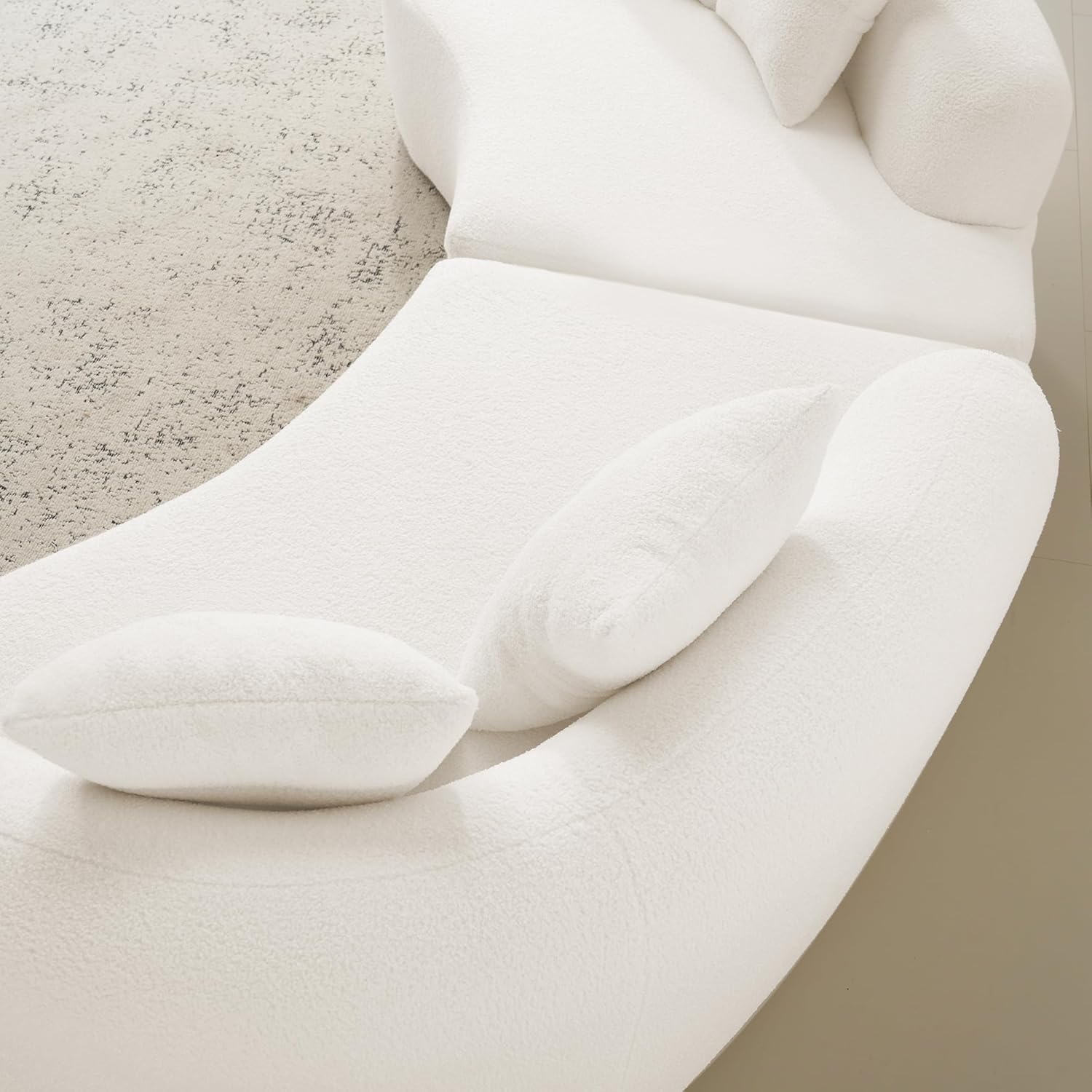 KEIKI 107" Curved Oversized Modular Teddy Velvet Sectional Sofa with High-Density Foam Cushion, Full Compression Modern Style 4-Seater Couch with 4 Pillow, No Assembly Required, for Living Room, White