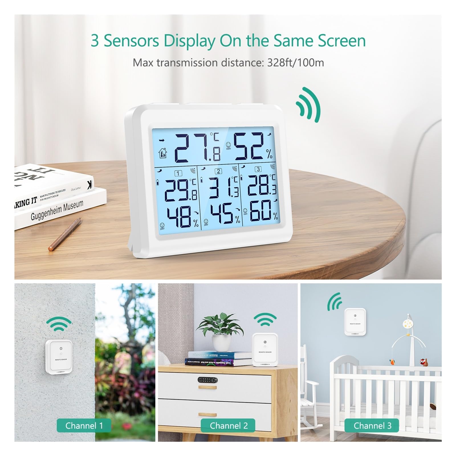 Termómetro Higrómetro Digital For Interiores Y Exteriores, Monitor Inalámbrico De Temperatura Humedad Con 3 Sensores Preciso Y FáCil De Leer