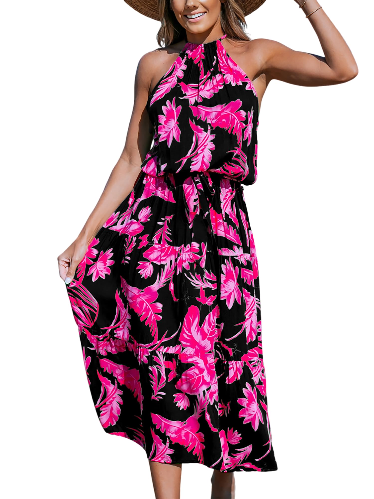 CUPSHE Women's Midi Dress Halter Floral Sleeveless Belted Ruffled A Line Casual Summer Dress